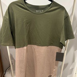 BYLT Drop Cut Lux | Men's Green Beige Colorblock Short Sleeve T-Shirt Size L NWT
